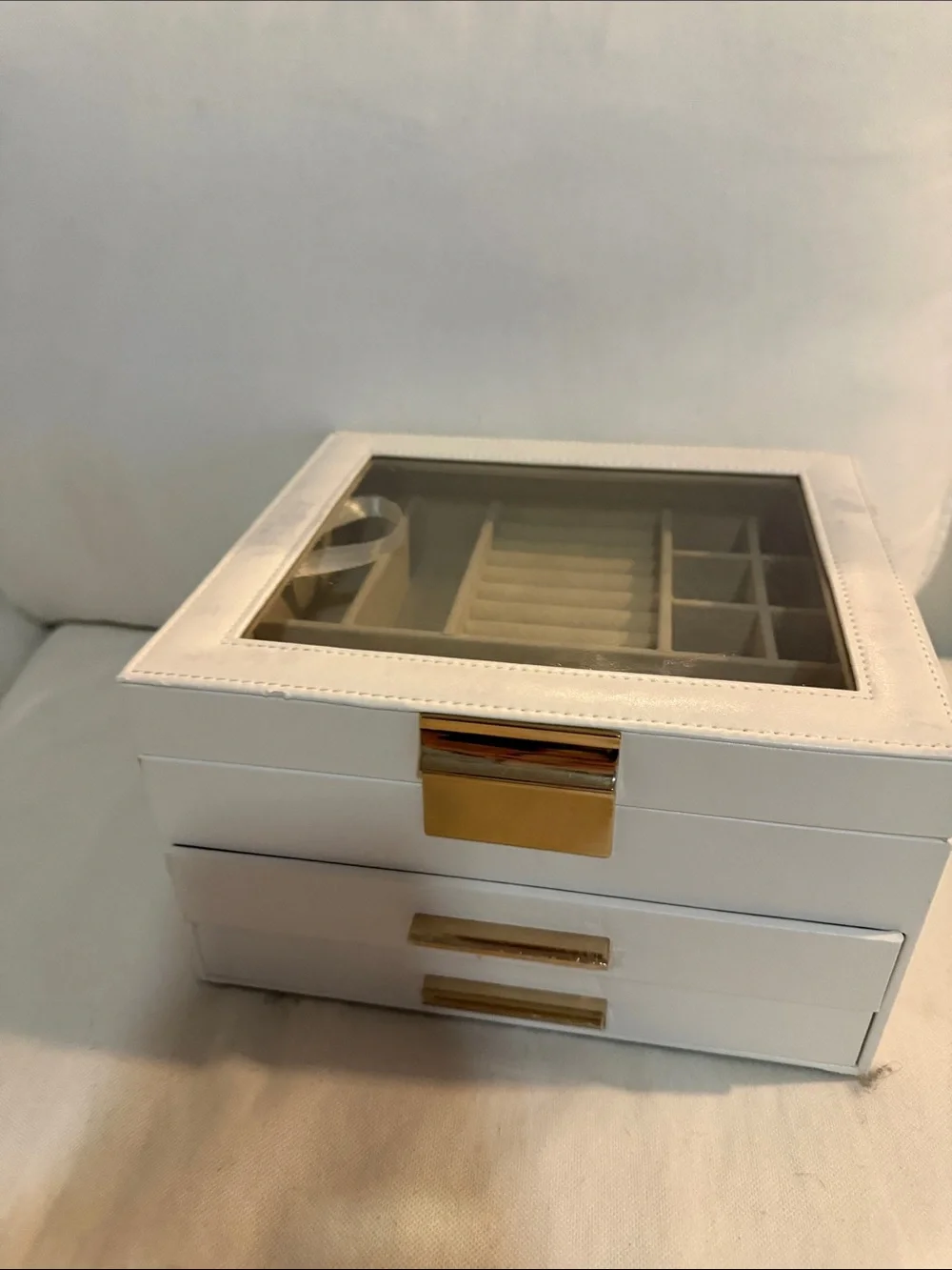 White Jewelry Organizer Box with Glass Top and Gold Accents